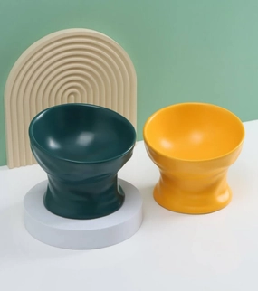 Ceramic Elevated Cat and Dog Bowl - Green and Yellow