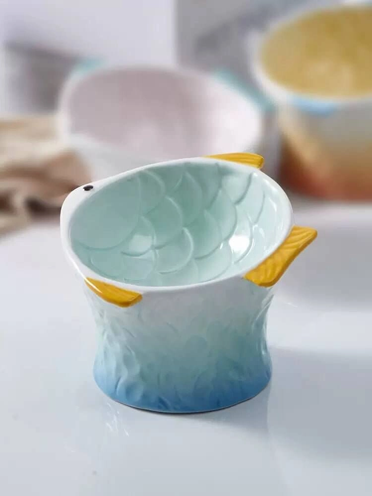 Fish Colored Ceramic Elevated Cat Bowl, Tilted Raised Dish for Cat or Dog